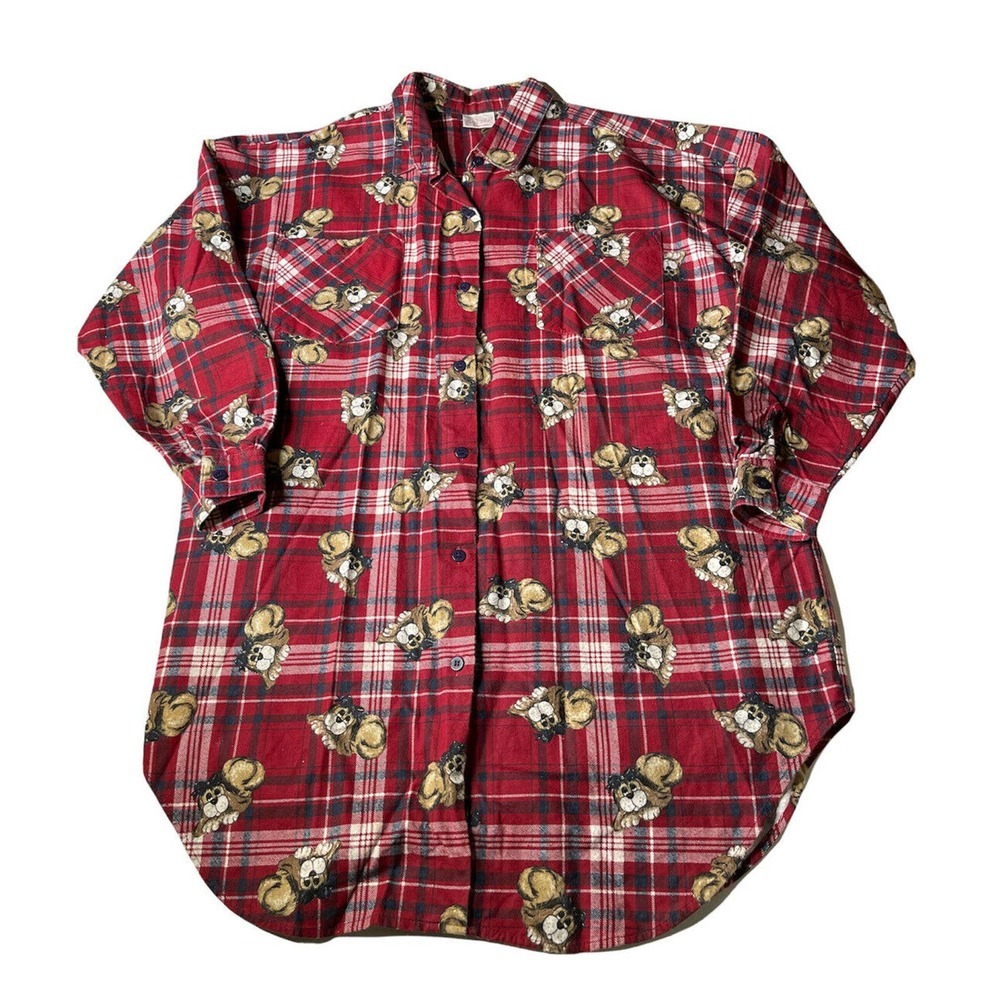 Vintage Kathy Ireland Intimates Red Plaid Dog Print Cotton Sleep‎ Shirt Nightie